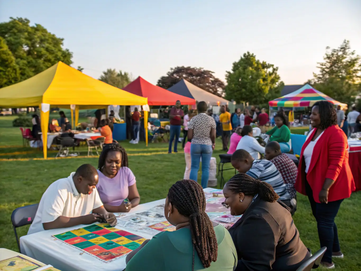 A lively scene of children and adults participating in an outdoor educational workshop, learning traditional crafts under a tent, with local artisans demonstrating techniques and colorful materials displayed on tables.