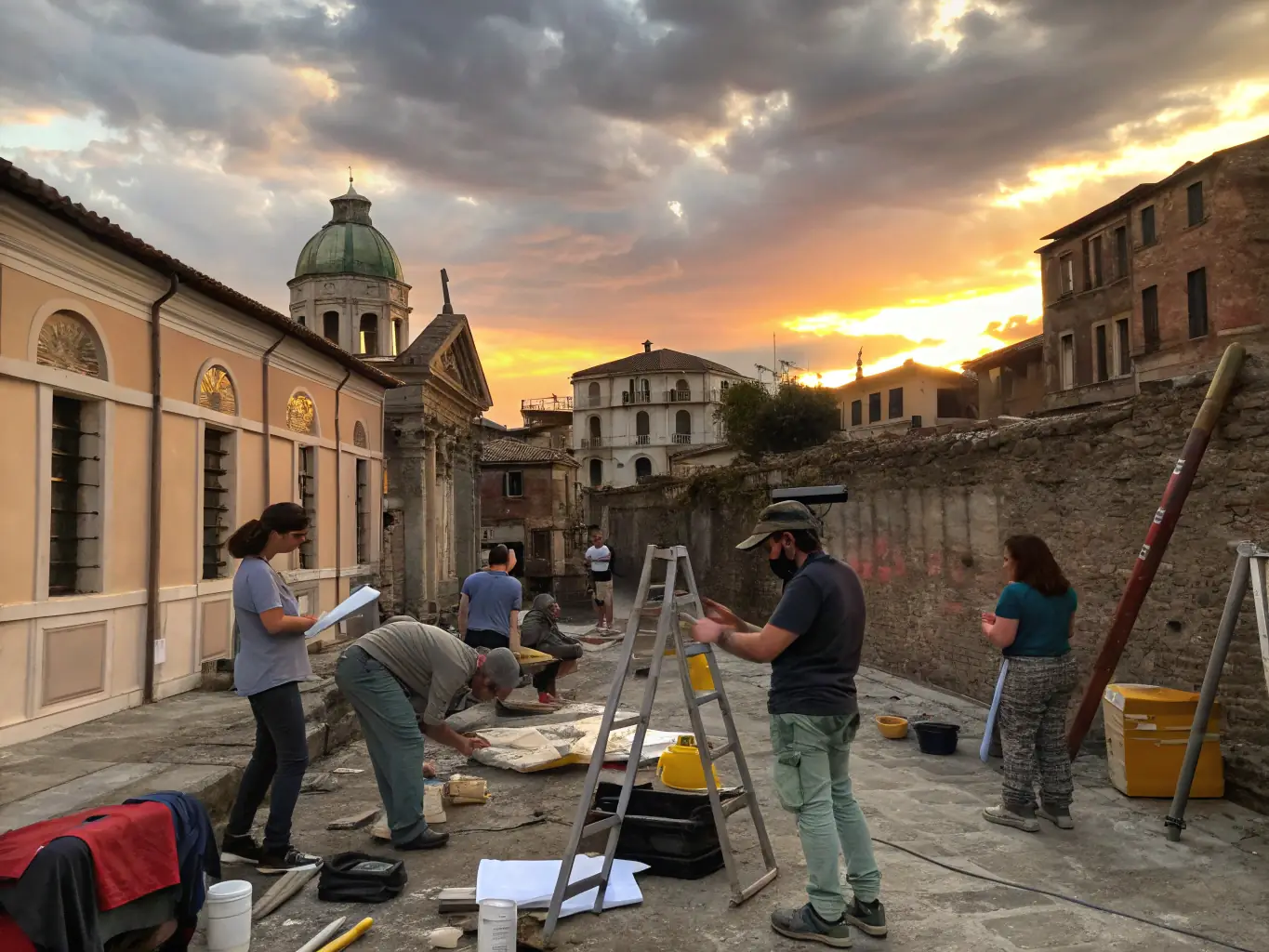 A lively outdoor scene showing volunteers of all ages restoring a historic stone bridge in Lury-sur-Arnon, with tools, safety vests, and informational banners about heritage preservation, under a bright spring sky.
