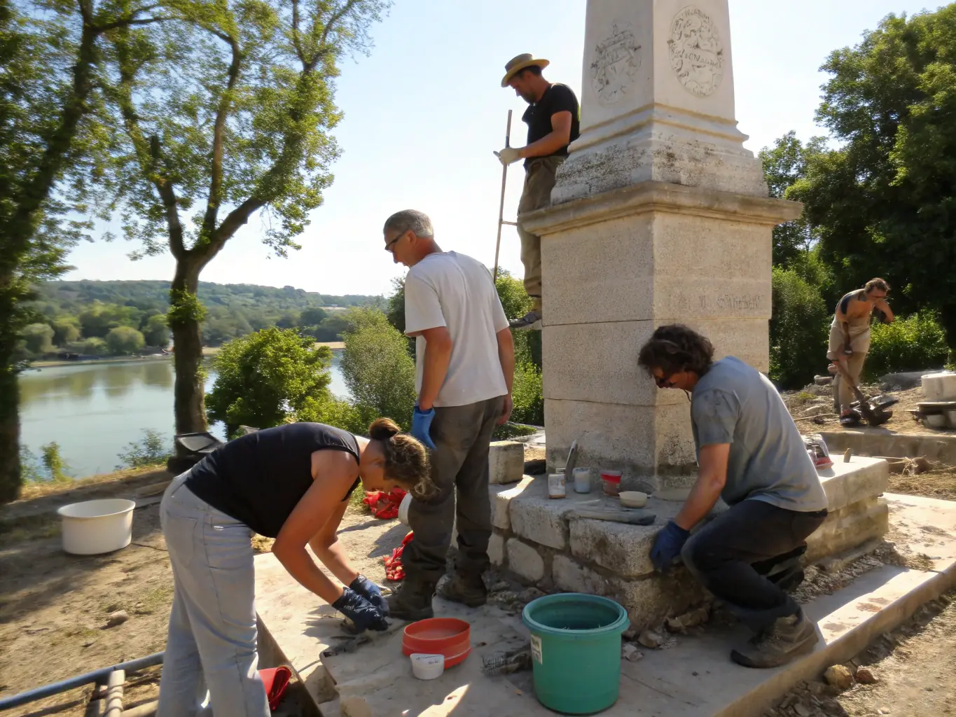 A vibrant photo of volunteers restoring a centuries-old stone bridge in Lury-sur-Arnon, with tools and safety gear, surrounded by lush greenery and historic architecture, capturing the spirit of community-led heritage preservation.