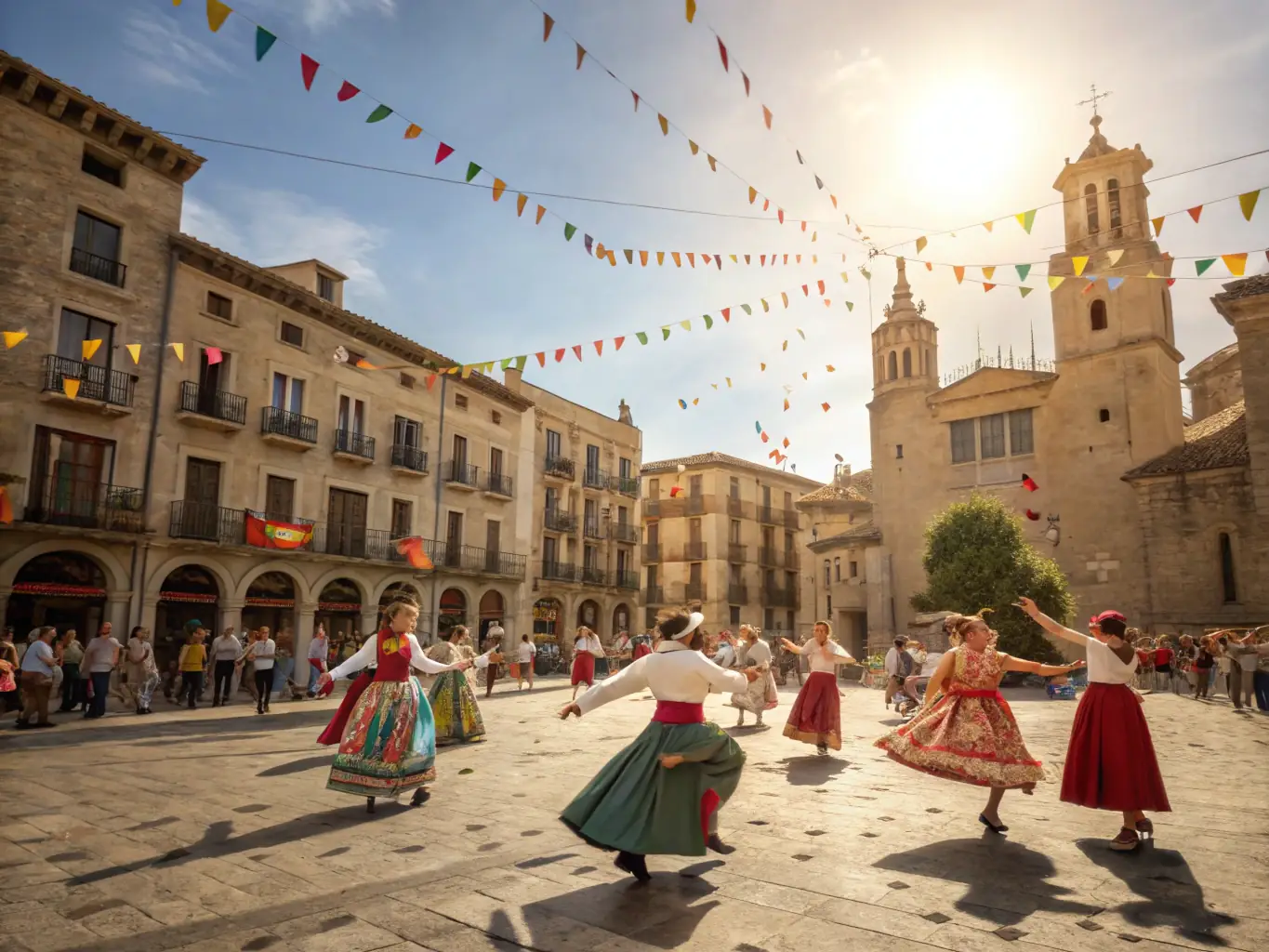 A festive outdoor event in the village square, with colorful banners, traditional music performances, local artisans displaying crafts, and families enjoying regional food, all set against the backdrop of historic buildings.